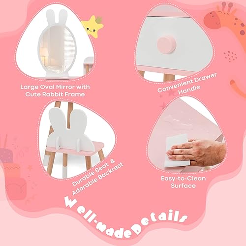 Miniatura 21 de HONEY JOY Juego de mesa y silla de maquillaje de madera con temática de conejo para niños pequeños con 2 cajones grandes, patas de madera de haya,