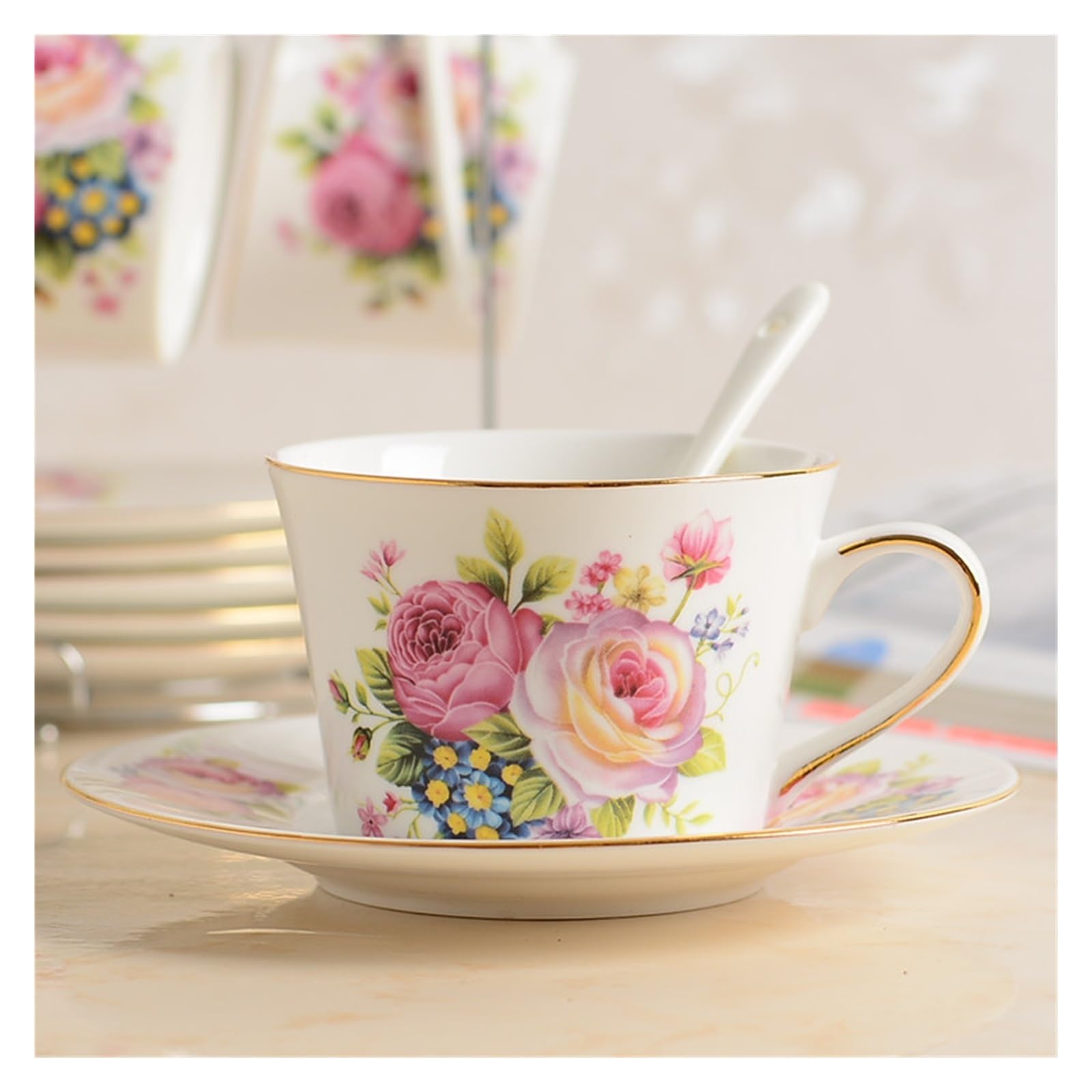 Tazas y Platos de café Juego de Tazas de café de Porcelana de 200ML, Taza de café de cerámica, platillo, Porcelana de Hueso, con platillo y Cuchara