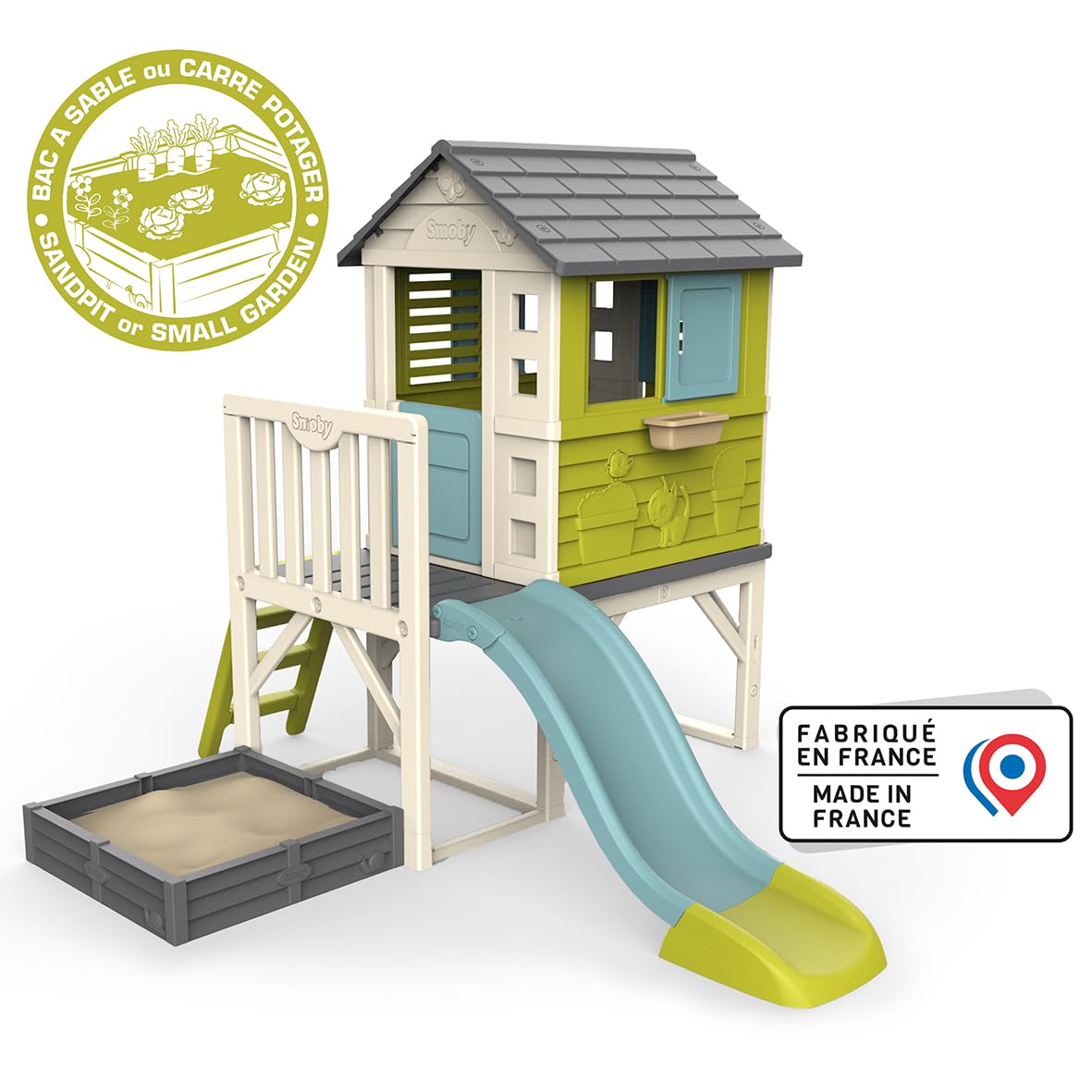 Smoby – Stelzenhaus - Spielhaus mit Rutsche & Sandkasten, mit Fenstern, Tür, Veranda, Leiter, für Jungen und Mädchen ab 2 Jahren