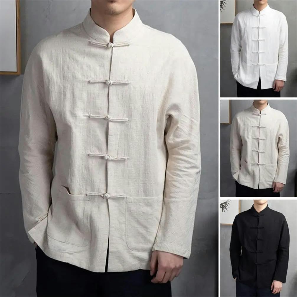 Chinese Style Solid Color kung fu Stand Collar Shirt Chinese Style Tunic Men's top Buttoned Long Sleeve Tang Suit