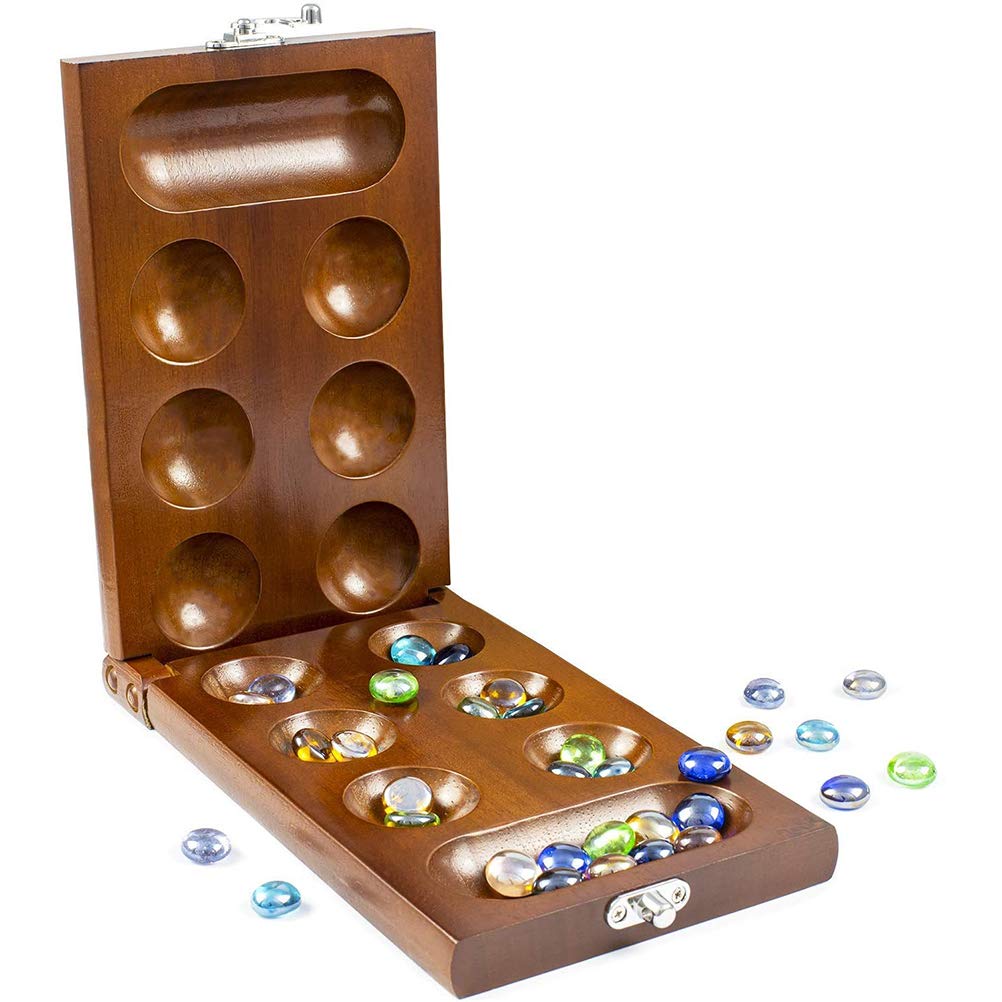 PUZOUMancala Board Game - Kalaha Board Game with Folding Wooden Board Natural Stone Pebbles -Families Board Games