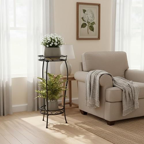 Miniatura 7 de Soporte para plantas para interiores y exteriores, soporte alto de metal negro resistente a la corrosión para plantas, 2 niveles de 27.1 pulgadas,
