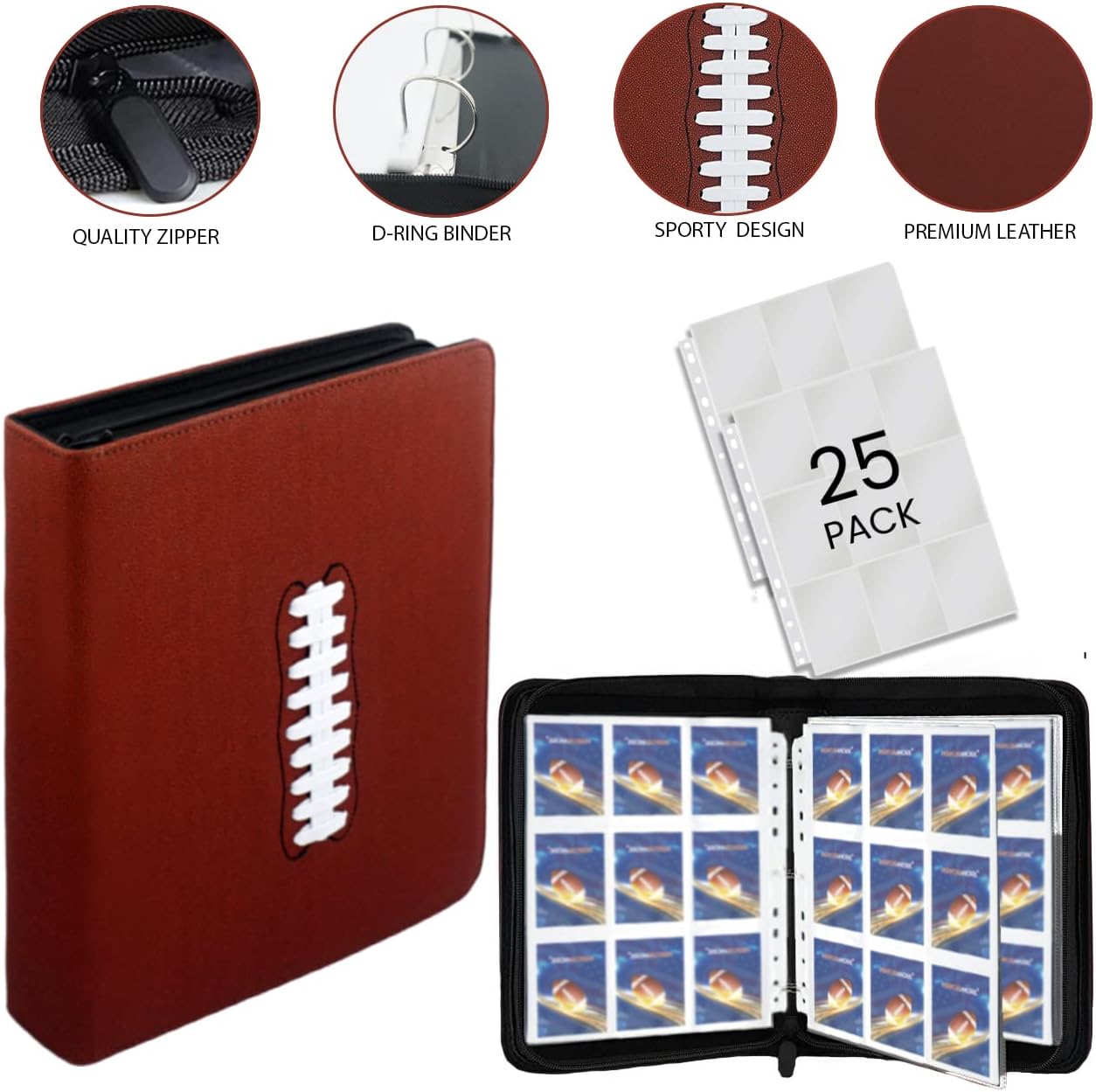 Football Card Binder with Sleeves, 450 Pockets – Sports Trading Card Organizer, 25 Premium 9-Pocket Sleeves, D-Ring Collector Album for NFL, Football-Themed, Acid-Free Pages, Performore, Brown