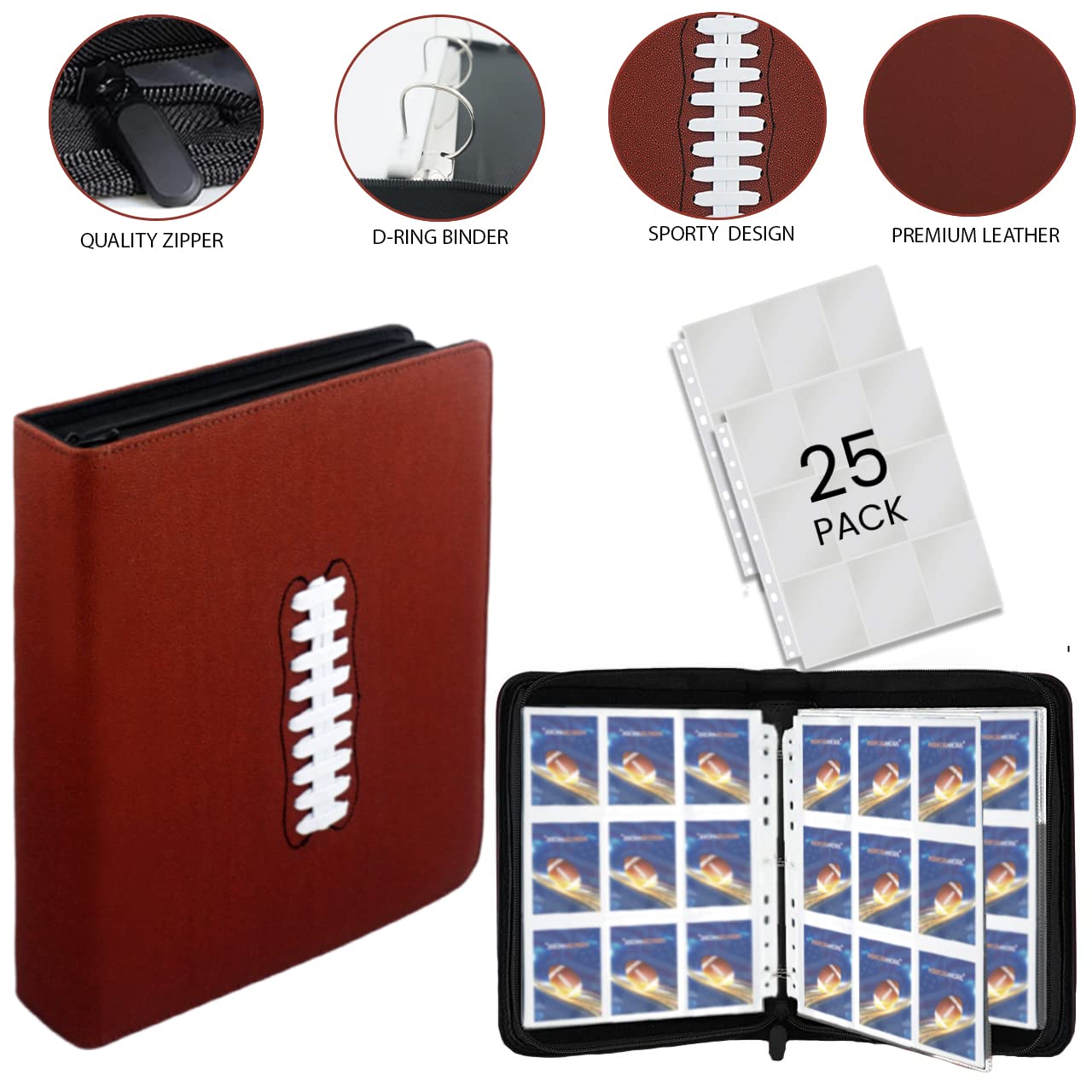 Raccoglitore di carte da calcio, raccoglitore di carte con 9 tasche per carte collezionabili sportive, include 25 fogli di protezione