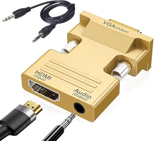 HDMI to VGA Adapter, Seminer 1080P HDMI Female to VGA Male Audio Video Cable Converter with 3.5mm Audio Cable for Computer, Desktop, Monitor, HDTV Etc (Gold)