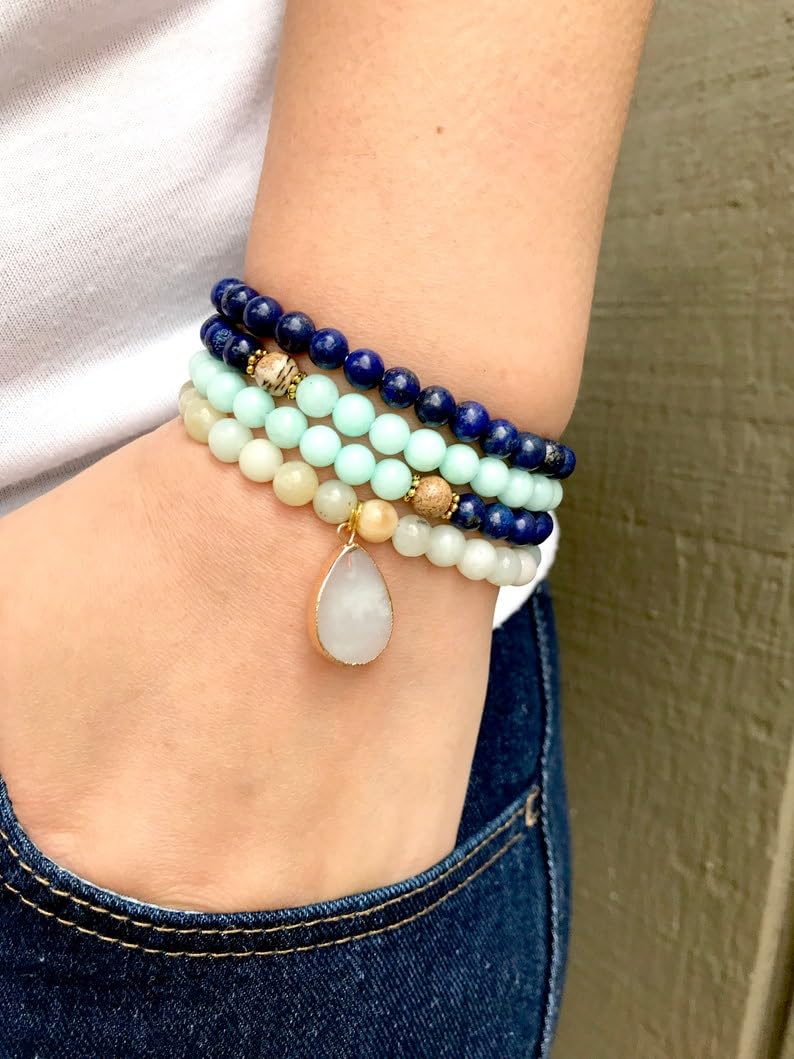 Naturalny amazonit i lapis lazuli 8 mm 108 koralików mala, duchowe, koraliki medytacyjne, Reiki, Japa Mala, buddyjskie koraliki modlitewne, bransoletka do jogi, koraliki lecznicze