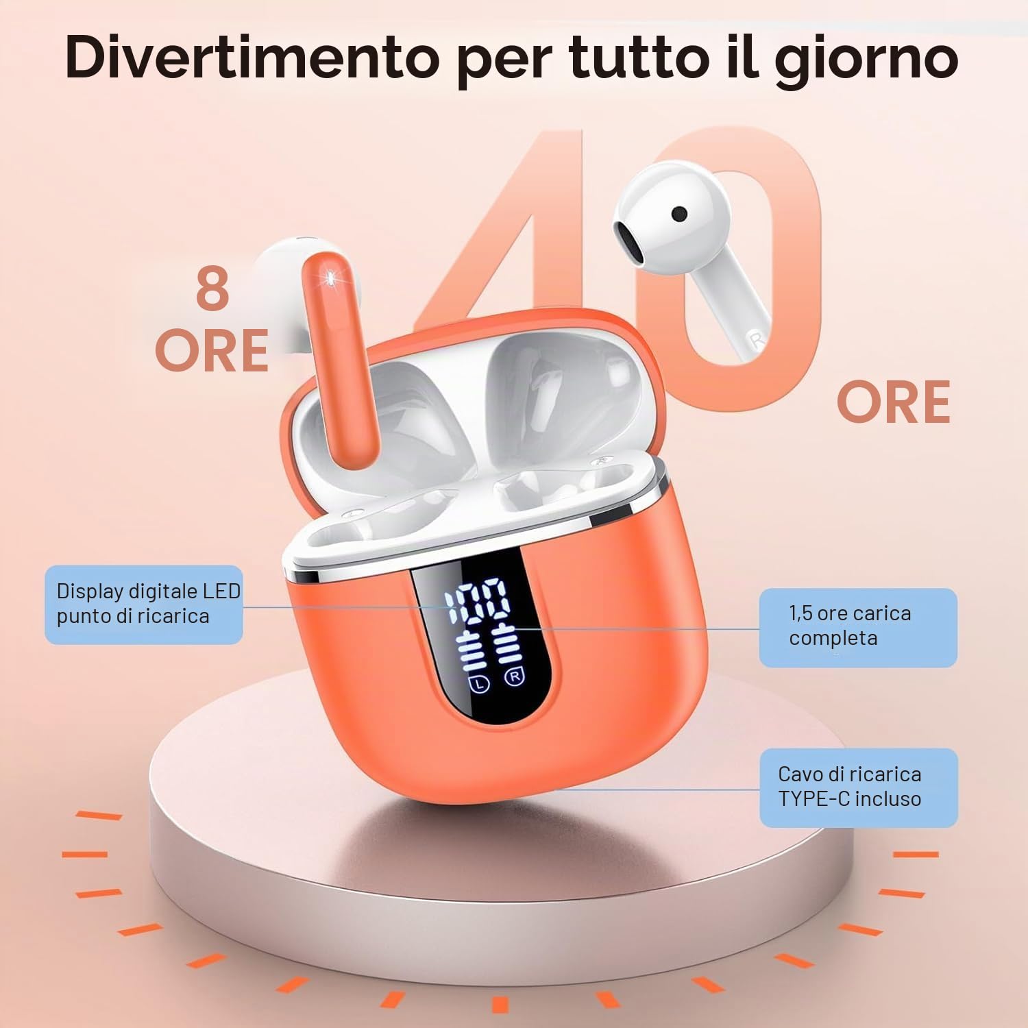 Cillso - Auricolari Bluetooth, 40h, senza fili, bassi profondi, display LED, impermeabili: IP7, Bluetooth 5.4, in-ear con 4 microfoni ENC per ridurre il rumore