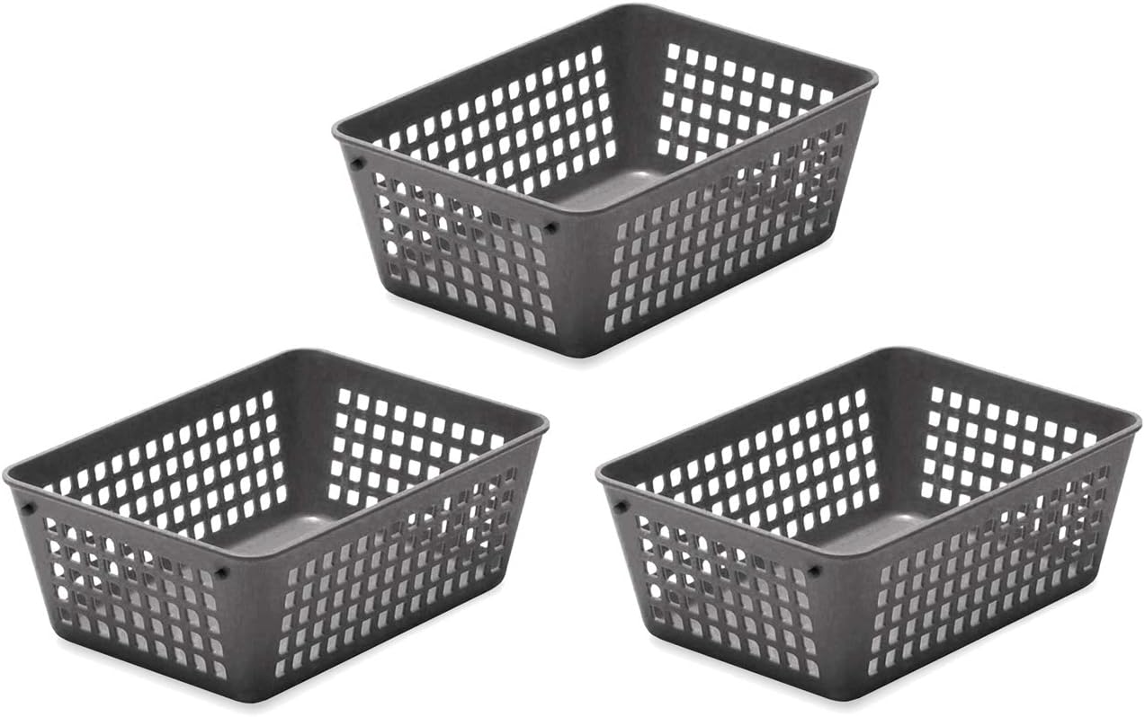 YBM HOME 3-Pack Small Plastic Storage Baskets for Home Junk Drawers and Office Desktop Drawers Organization - Functional Trays for Kitchen, Bedroom, and Bathroom, Grey