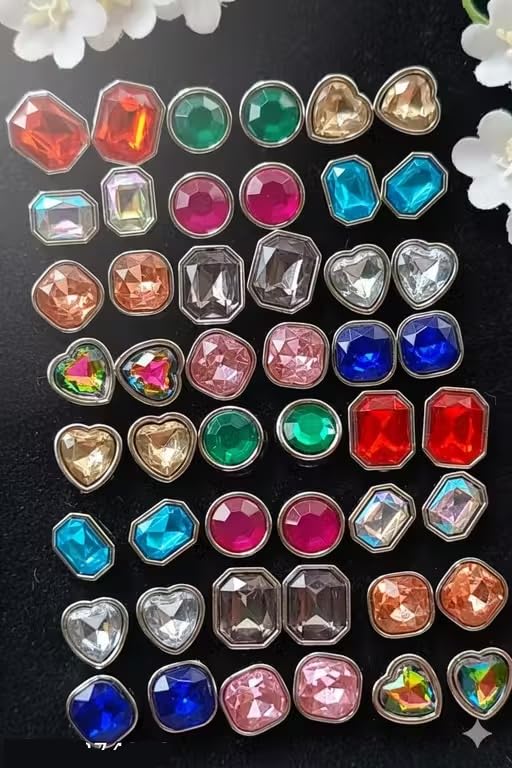 Image of 24Pairs /Set Colorful Earring Crystal Stone Stud Tops Multicolor Rhinestone Ear-Tops Kaan Ke Tops Artifical Jewelry Assorted Design And Color Korean Style Stud Earrings For Women And Girls