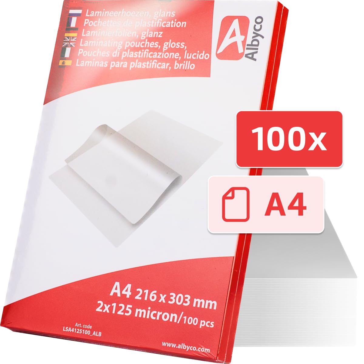 Albyco Foglio Plastificante A4 216x303 mm Lucido 250 Micron 100 Pezzi