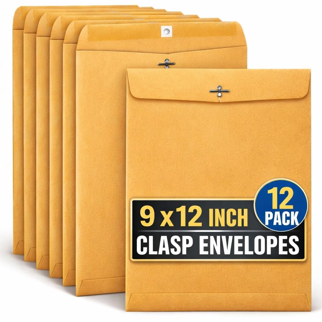 1InTheOffice Manila Envelopes 9x12, Clasp Envelopes 9x12, Catalog Mailing Envelopes, Gummed Sealed Closure, Brown Kraft, 12 Pack