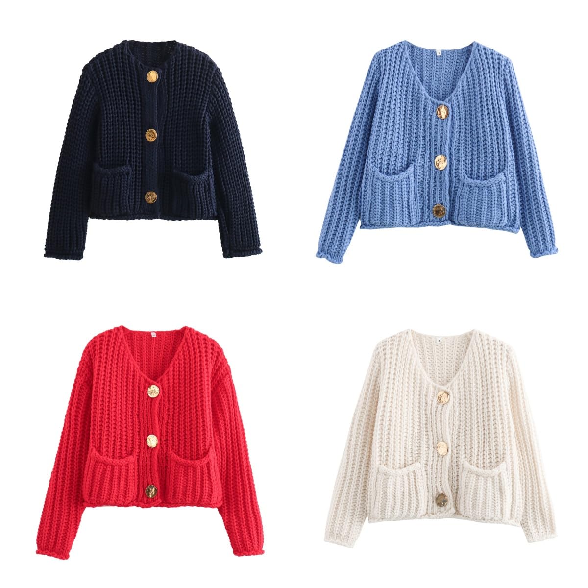 Cárdigans de Punto Grueso para Mujer Cárdigan Corto de Punto con Frente Abierto Suéter de Manga Larga con Botones Abrigos de Suéter Cálidos de Otoño Chaqueta de Suéter de Invierno para Uso Diario