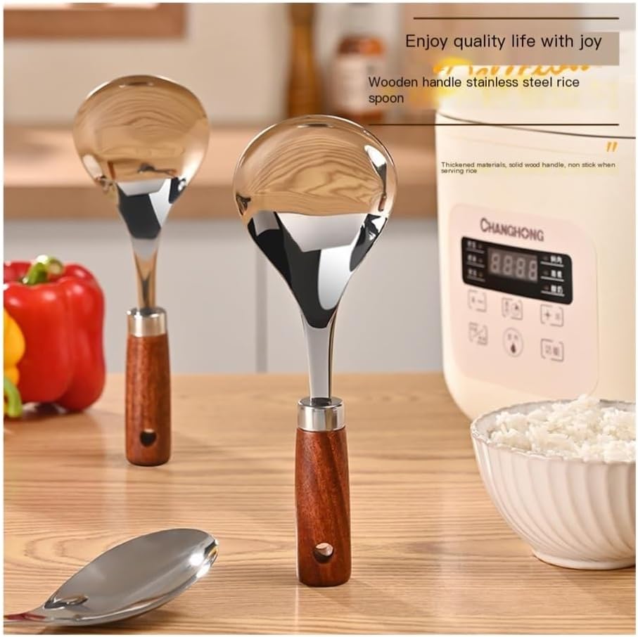 Cooking Spoons Thickened Stainless Steel Rice Spoon, Wooden Handle Three-Dimensional Dinner Spoon