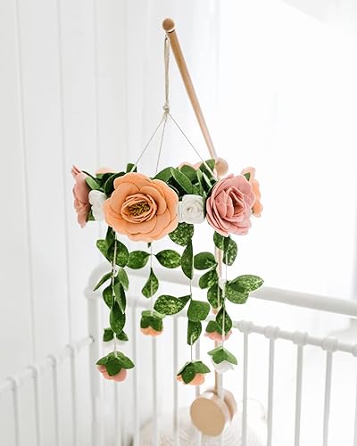 Rose Mobile & Arm Nursery Set  Incluye cuna de flores de rosa de fieltro + brazo móvil de cuna de bebé de madera  para niñas