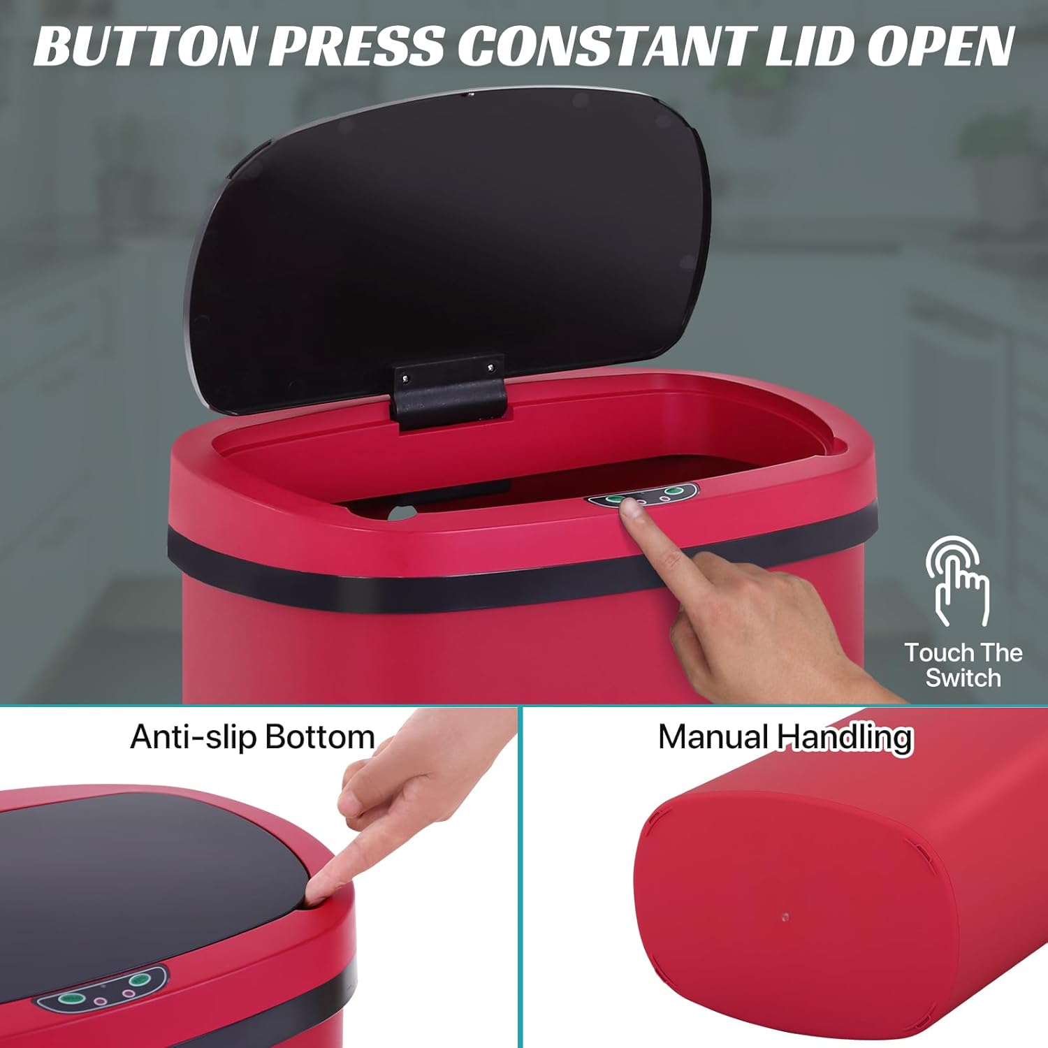 Dkeli 13 Gallon Trash Can Automatic Kitchen Trash Can 50 Liter Touch Free Garbage Can with Lid Brushed Waste Bin for Home Office Bedroom Bathroom, Red