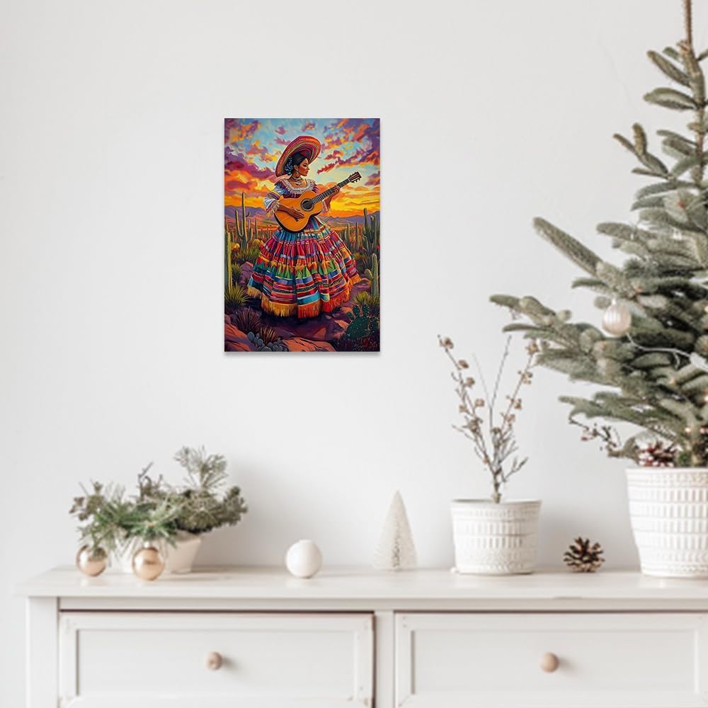 CCWORKERRY Mexican Woman Playing Guitar Canvas Wall Art Cactus Pictures Boho Desert Sunset Painting Bedroom Office Decor Framed(Pink,12L x 18W)