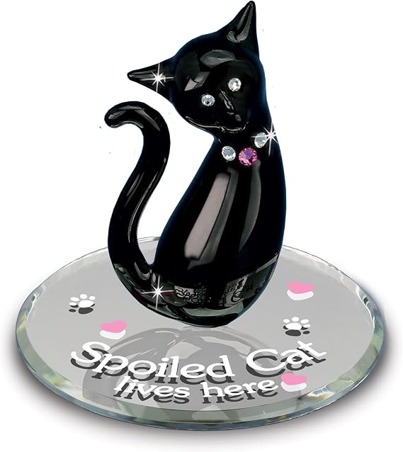 Glass Baron Spoiled Cat Lives Here Glass Figurine, Hand Blown & Sculpted with Austrian Crystal Accents, Beveled Mirror Base, Collectible Ornament for Home Decor Table Centerpiece