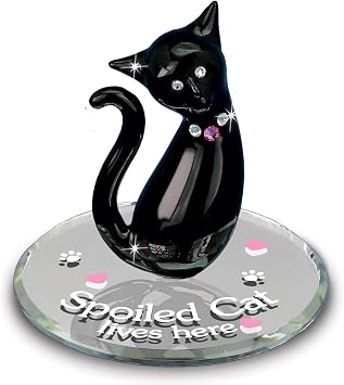 Glass Baron Spoiled Cat Lives Here Glass Figurine, Hand Blown & Sculpted with Austrian Crystal Accents, Beveled Mirror Base, Collectible Ornament for Home Decor Table Centerpiece