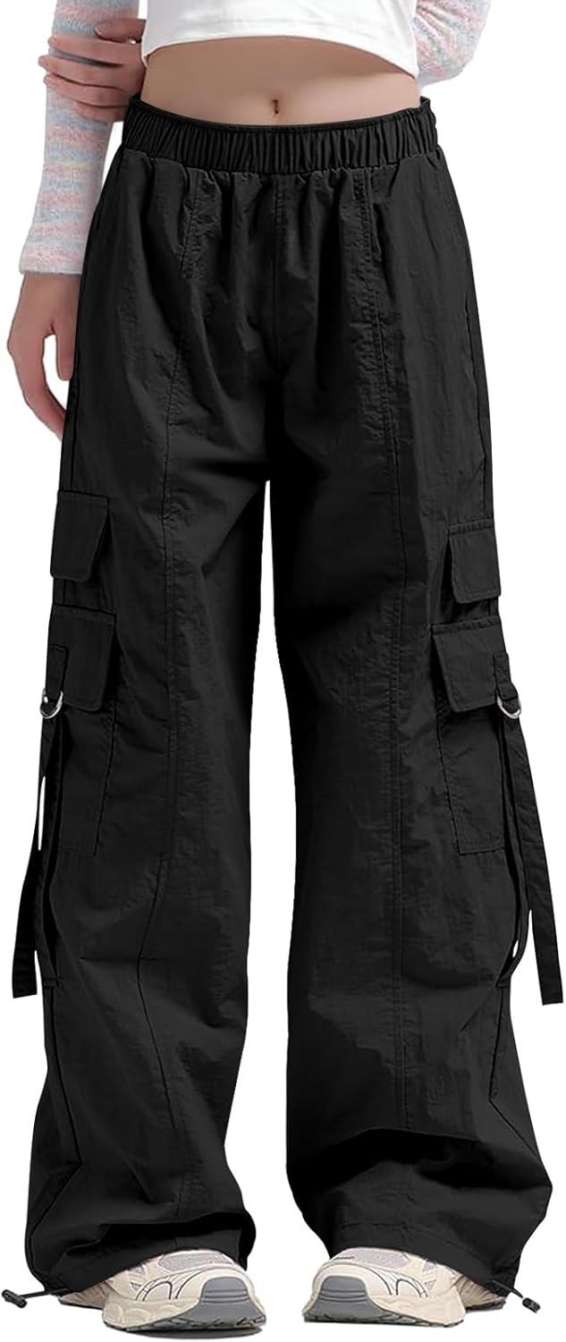 Haloumoning Girls Parachute Pants Kids Wide Leg Cargo Pants Y2K Street Trousers with Pockets 5-14 Years