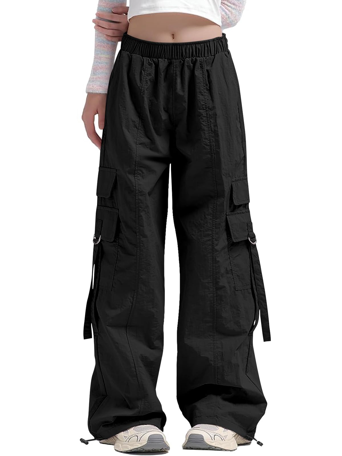 Haloumoning Girls Parachute Pants Kids Wide Leg Cargo Pants Y2K Street Trousers with Pockets 5-14 Years