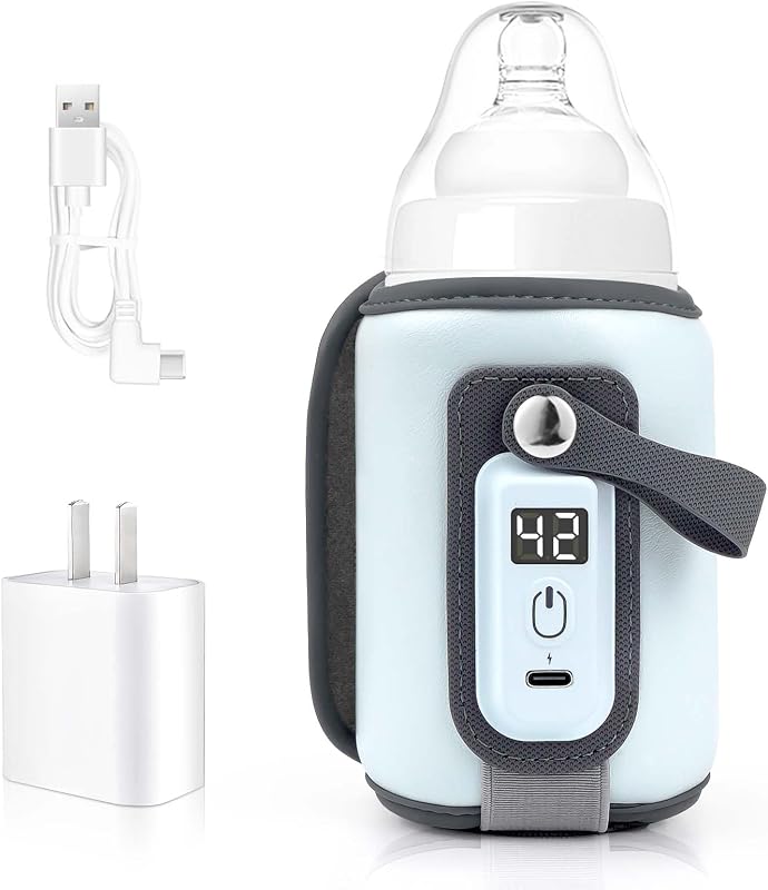 Calentador de biberones portátil, calentador de leche para bebés para todos los biberones, calentamiento rápido, control de temperatura preciso con pantalla LED, biberón calentador USB adecuado para el hogar y la excursión (azul)