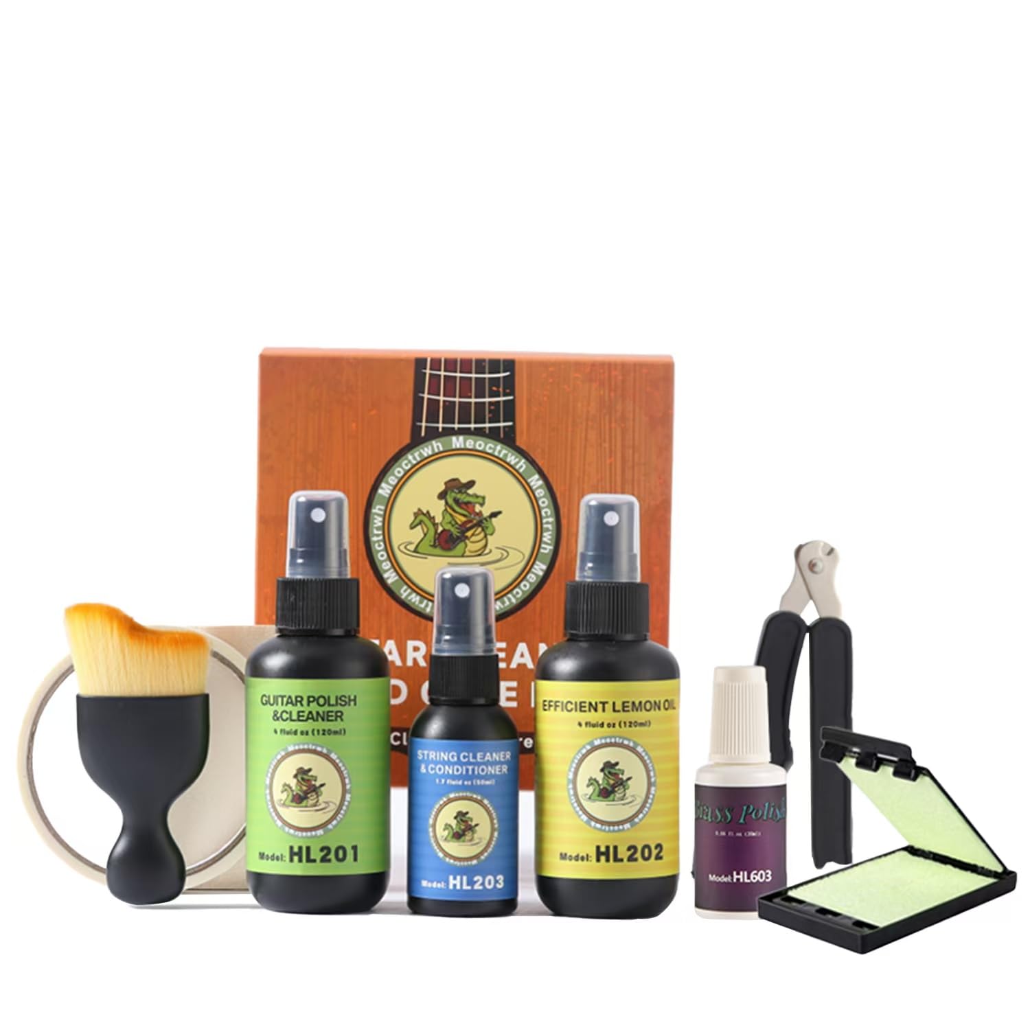 Meoctrwh Guitar Cleaning Kit, Fretboard Lemon Oil, Polish and Cleaner, Guitar String Cleaner, Fret Polish, String Winder, Clean Fretboard & String Cloth Tool, Cleaning Brush & Cleaning Cloth