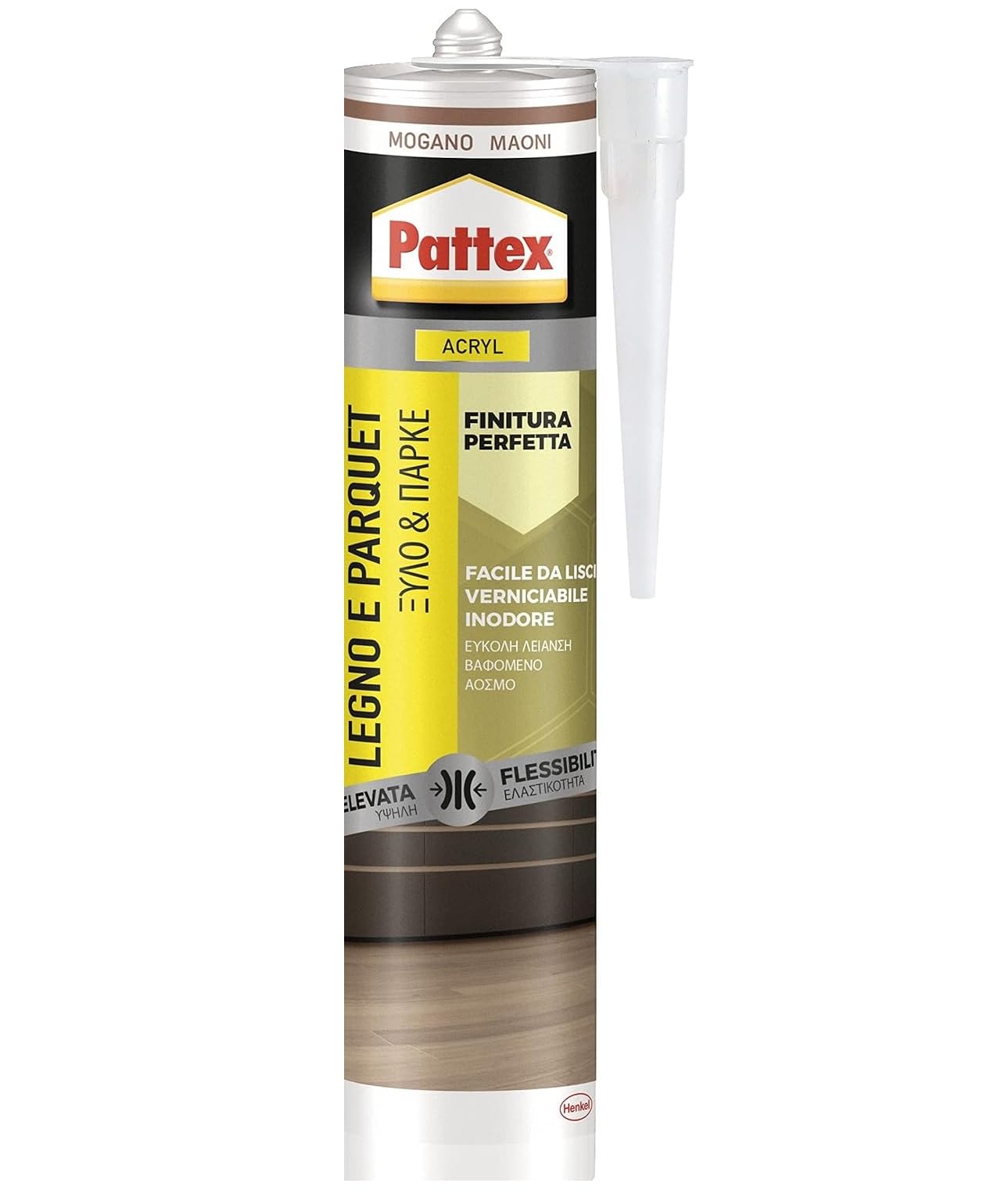 Pattex Sigillante Acrilico Legno&Parquet, Silicone per Legno, Ottimo per Sigillatura di Legno, Parquet, Armadi, Infissi, Zoccolini, Verniciabile, Colore Mogano, Cartuccia da 280 ml
