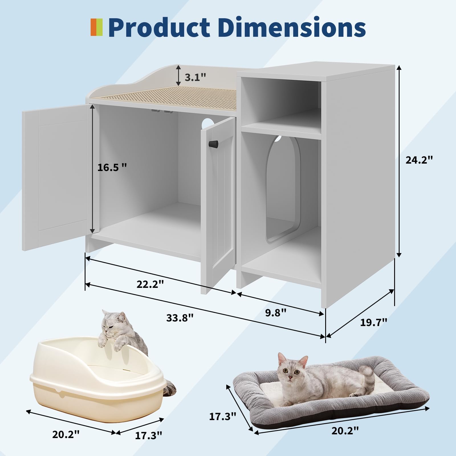 Garvee Katzenklo Schrank Holz, hundesicher mit Tür und Stauraum | Verstecktes Katzenklo-Möbel aus Holz mit Tür, Stauraum und Beistelltisch-Design für Katzenzubehör in Weiß.