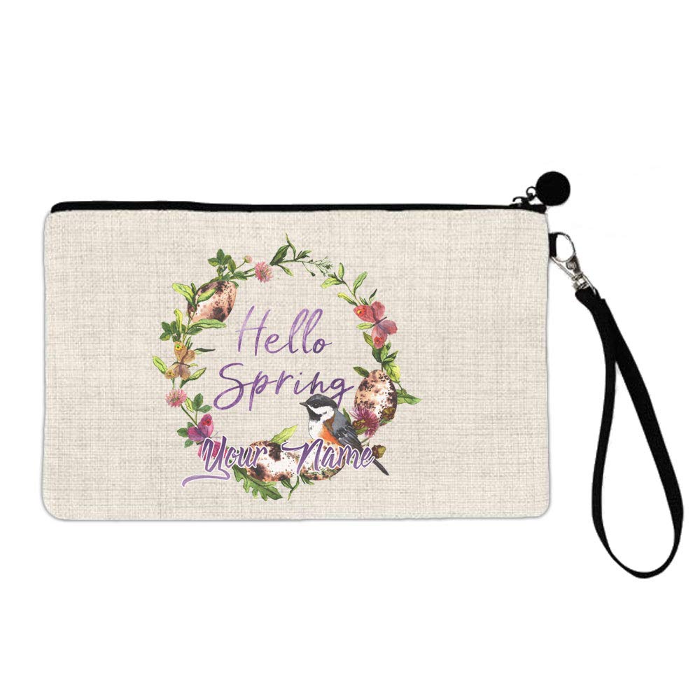 BRGiftShop Personalized Custom Name Hello Spring Wreath Large Linen Cosmetic Bag with Zipper