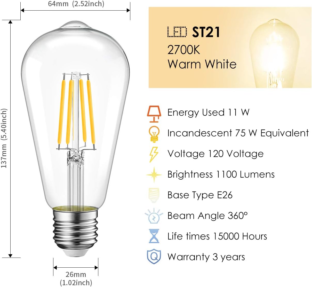 LVWIT 6 Pack Vintage LED Edison Bulbs 75W Equivalent 11W 1100LM Dimmable ST64 Filament 2700K Warm White E26 Medium Base Light Bulbs High Brightness Clear Glass