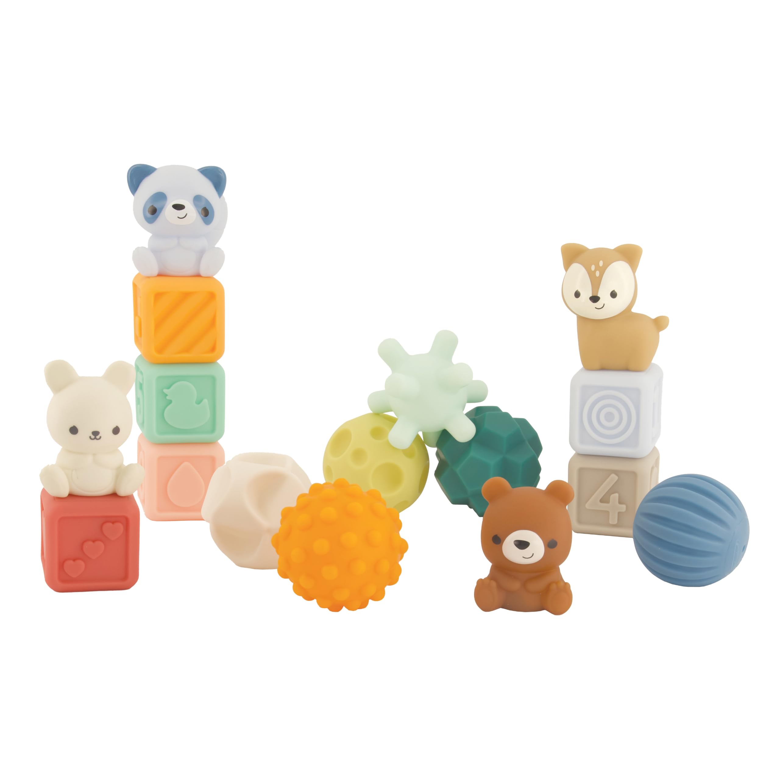 Infantino Woodland Pelotas, Bloques y Amigos, Set Sensorial para Bebés de 16 Piezas, Bloques Apilables Suaves con Figuras de Animales, Pelotas Sensoriales Texturizadas para Bebés de 6 a 18 Meses
