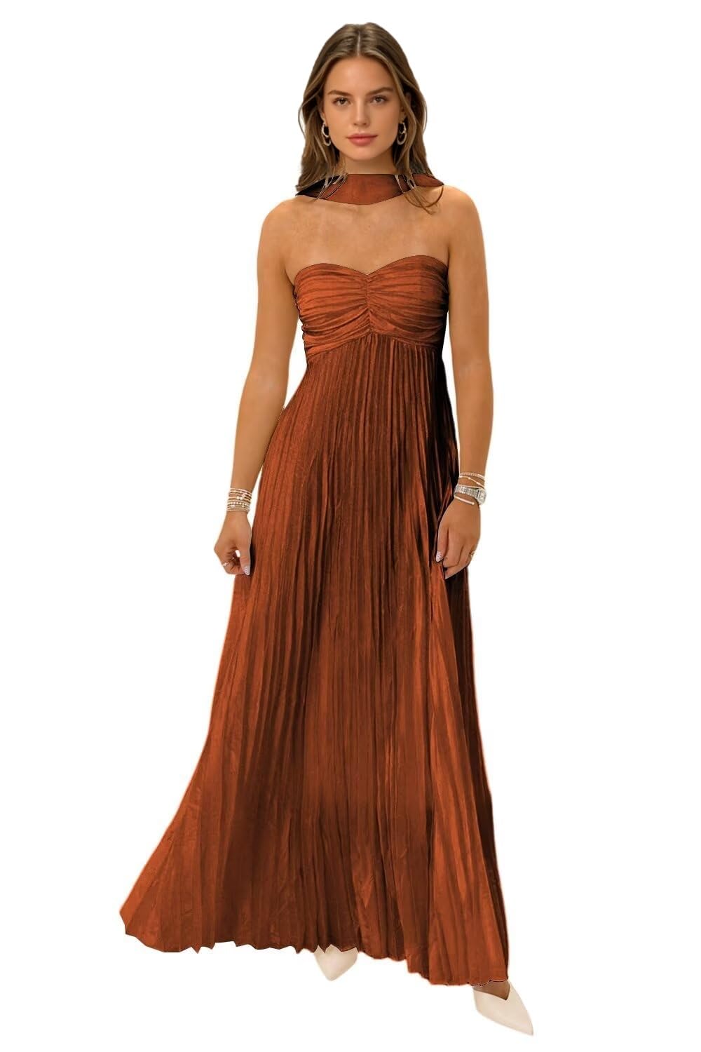 Vestidos de dama de honor de gasa con bufanda, sin tirantes, largo, plisado, vestido de fiesta de boda para mujer, vestido de noche formal