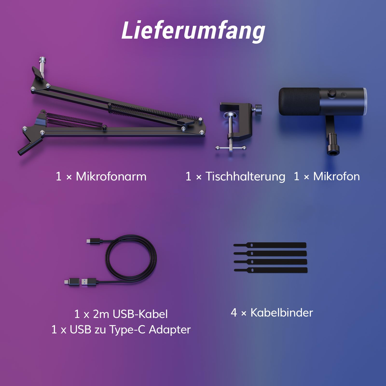 TONOR Dynamisches Gaming-Mikrofon, XLR/USB-Mikrofon für Streaming, AI-Geräuschunterdrückung, steuerbares RGB, Tap-Mute, 3,5-mm-Kopfhörerbuchse, Mikrofon mit Galgenarm, schwarz, TD510 AIR S+H