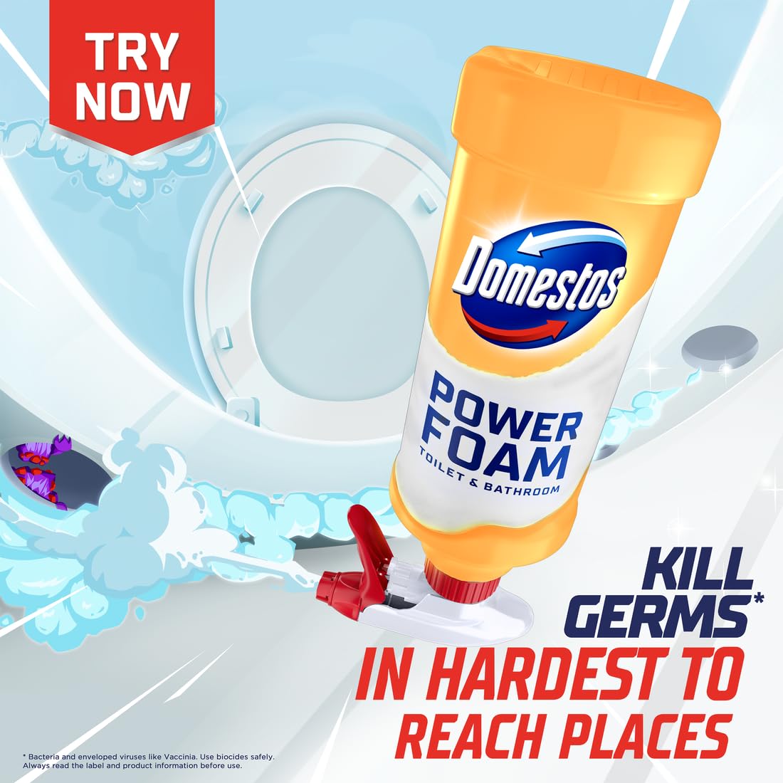 Domestos Power Foam Citrus Blast Toilet & Bathroom Cleaner Spray sprays upside down & eliminates 99.99% of germs* for cleaning inside the toilet & around the bathroom 450 ml — view 3