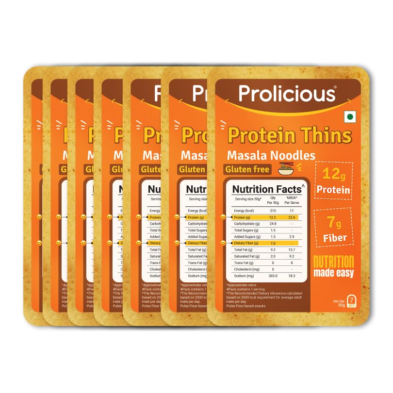 Image of Prolicious High Protein High Fiber Masala Noodle Thins | Gluten Free | Plant Based | Healthy Snacks | Easy to Carry (50g Each, Pack of 7)