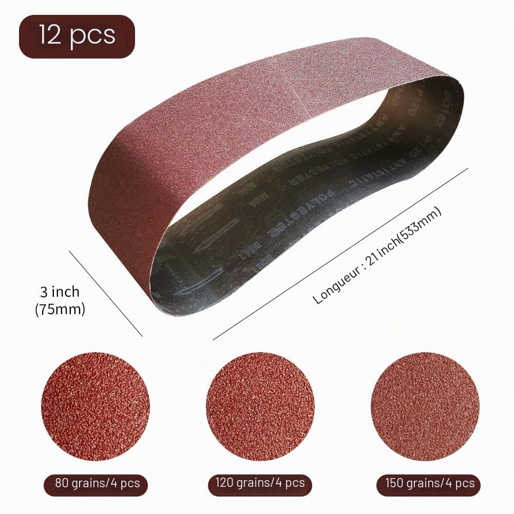 Bande Abrasive 75 x 533mm Bande de Ponceuse Mixte 4 Grains 80/120/150 12 Pièces