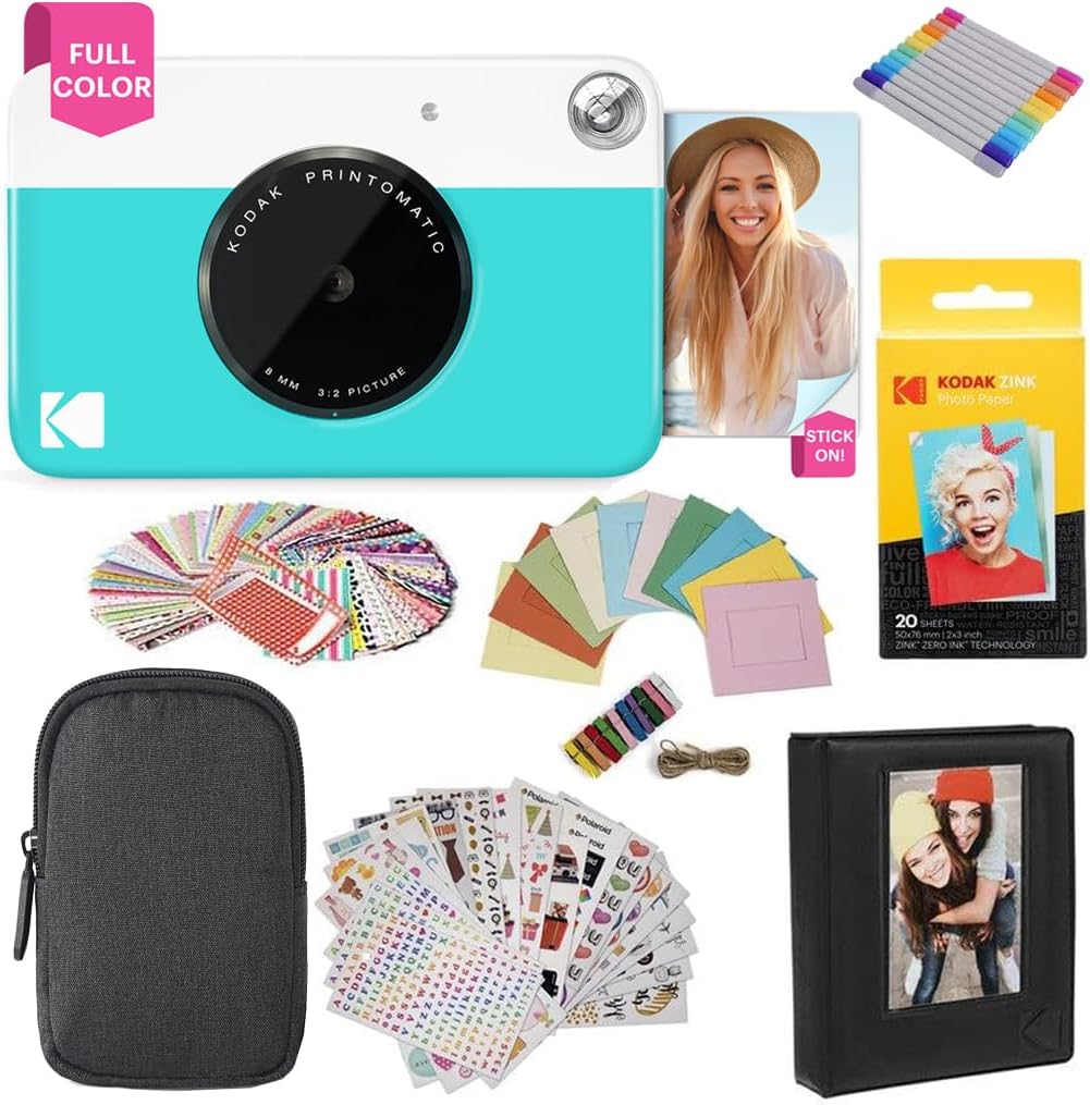 Printomatic Instant Camera (Blue) Gift Bundle + Zink Paper (20 Sheets) + Case + 7 Sticker Sets + Markers + Photo Album