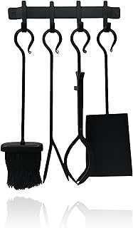 Relaxdays Kaminbesteck, 5-TLG. Set, Schürhaken, Schaufel, Aschebesen, Feuerzange, Wandhalterung, Ofengarnitur, schwarz
