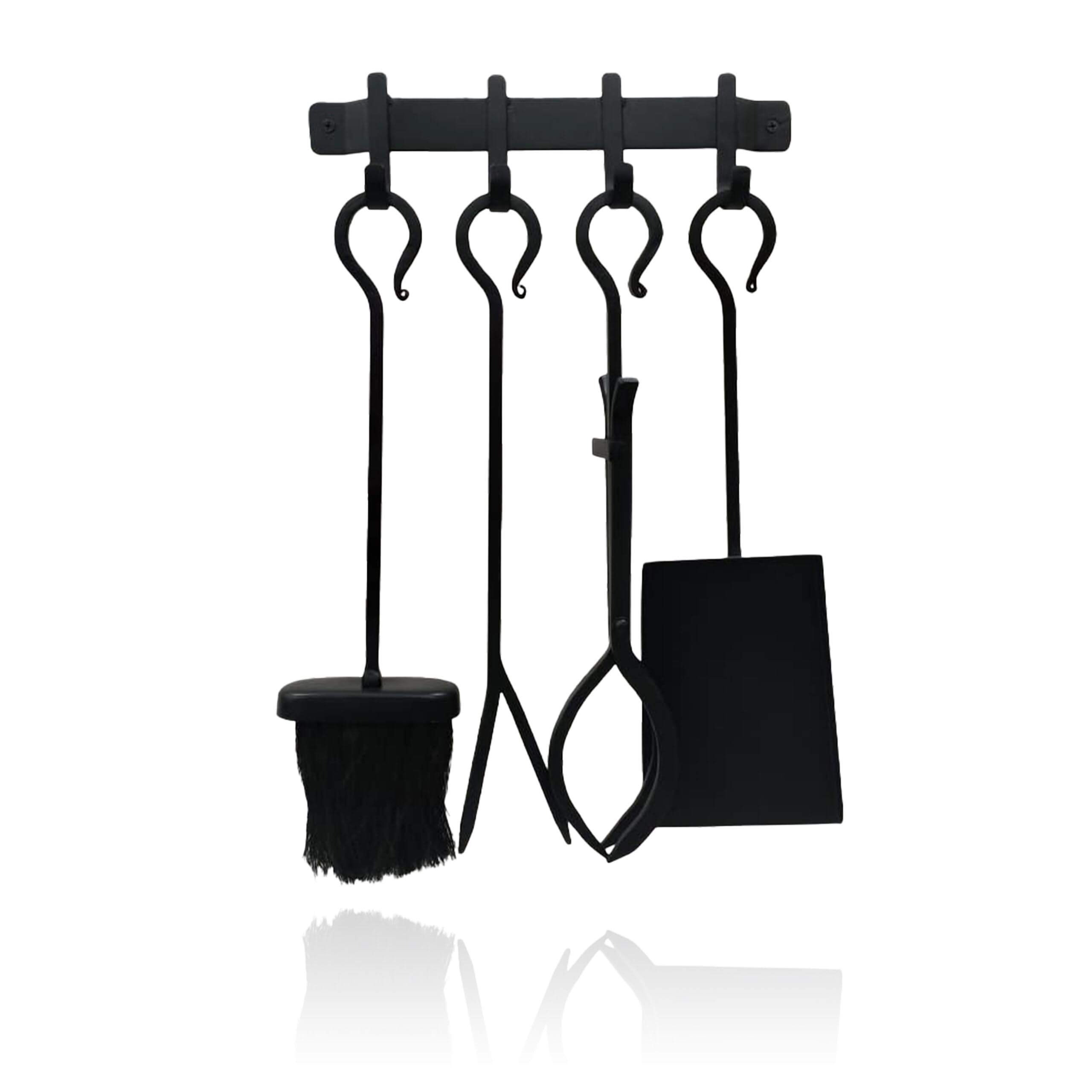 Relaxdays Kaminbesteck, 5-TLG. Set, Schürhaken, Schaufel, Aschebesen, Feuerzange, Wandhalterung, Ofengarnitur, schwarz
