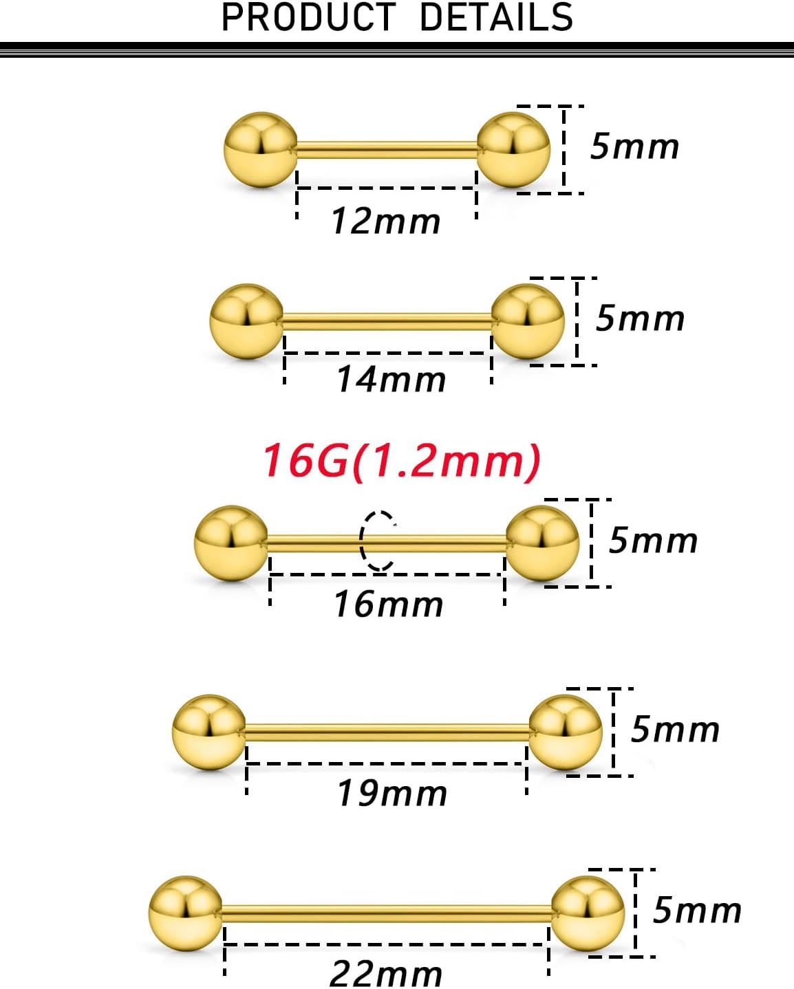 16G 14G 12G Gold Nipple Piercings Tongue Rings Externally/Internally Threaded Hypoallergenic 316L Surgical Steel Nipple Tongue Barbell Piercing Jewelry for Women Men 12mm 14mm 16mm 19mm 22mm - Image 2