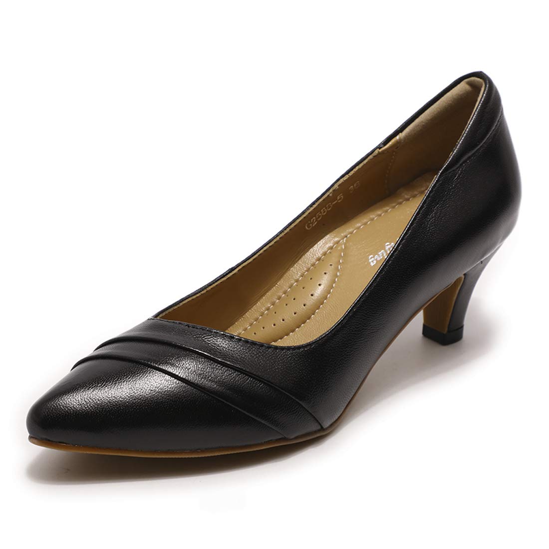 Mona flying Women's Leather Pump Med Heel Pointed Toe Office Dress Shoes for Ladies