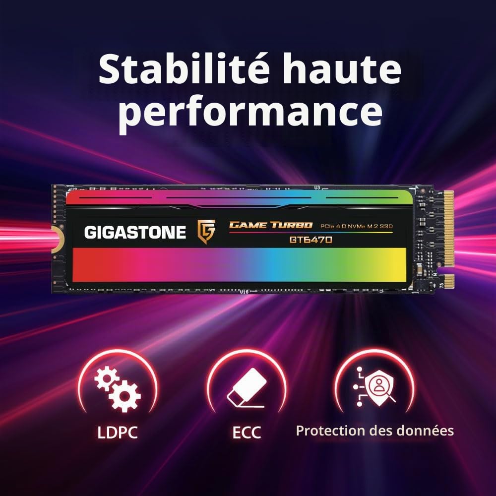 Gigastone SSD NVMe 1To M.2 2280 PCIe Gen4, jusqu'à 7,300 Mo/s pour PS5 Ordinateur Portable et de Bureau, internes Disque Dur ssd 3D NAND SLC Cache Les Passionnés de PC Les Joueurs GT6470