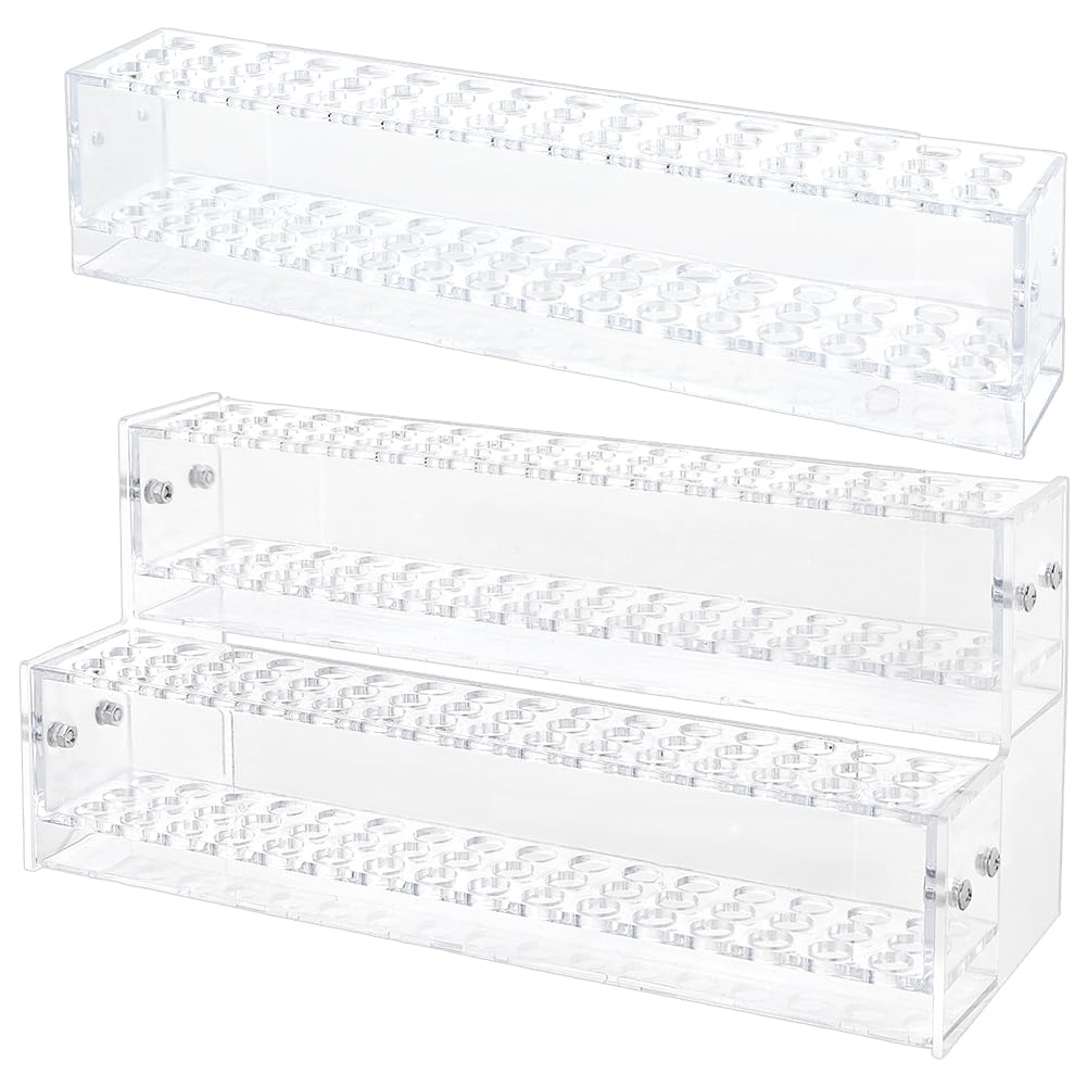 WADORN 2Pcs Pen Display Holder, 144-Slots Clear Acrylic Pen Display Stand 2-Tier Makeup Brush Rack Organizer Paint Brush Holder Eyebrow Stand for Home Office Desk School Stationery Store Supplies
