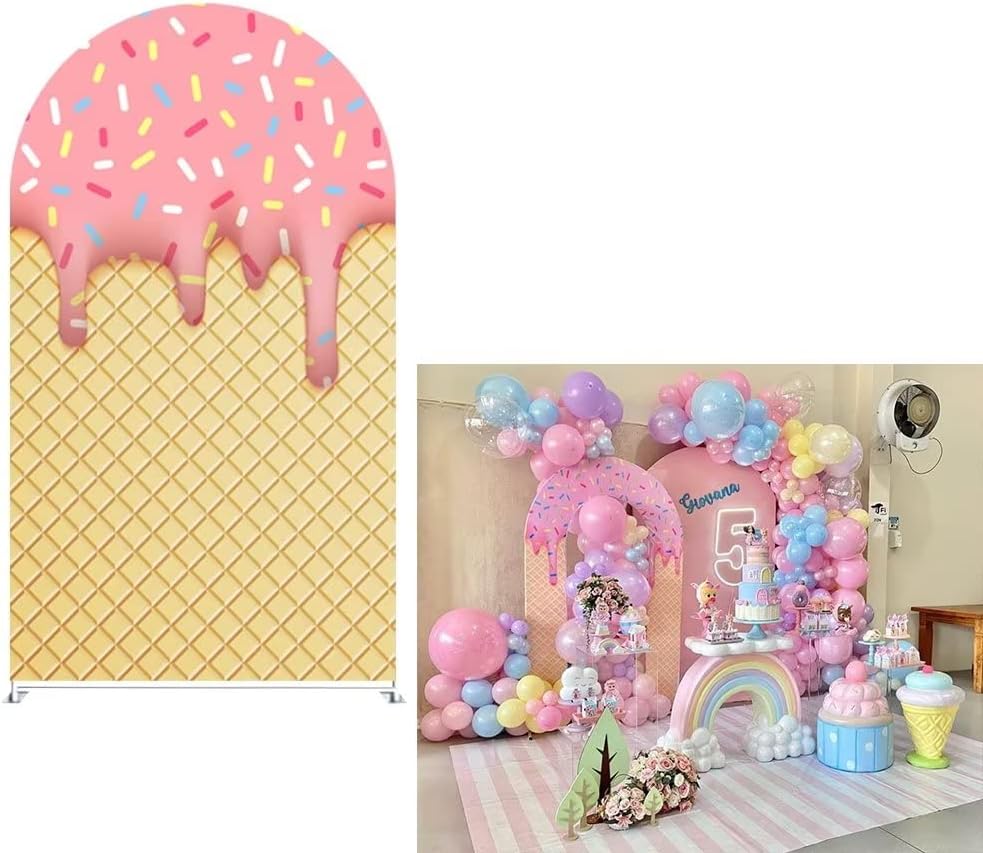 Arch Fabric Backdrop Covers for Parties Ice Cream with Sprinkles Arched Panels Covers Stretchy Photo Background Birthday Banquet Party Decor