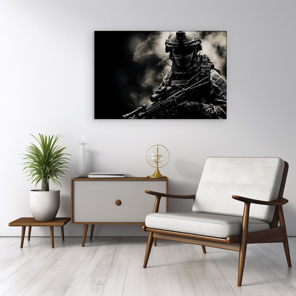 Canvas for Living Room. Stealth and Precision: A Soldier's Stand in The Shadows, 27 x 18 inch Canvas Wall Art - Modern Home Decor