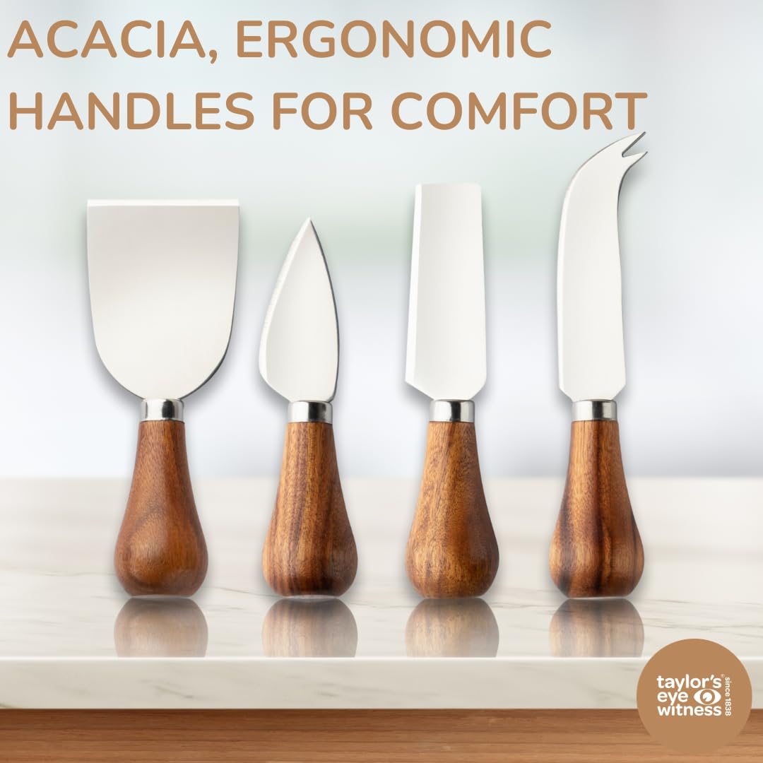 Juego de cuchillos de queso de acacia de 4 piezas y soporte de pizarra de 3 niveles. Elegante juego de cuchillos de queso con soporte de pizarra etagere, mangos de cuchillos de madera de acacia y