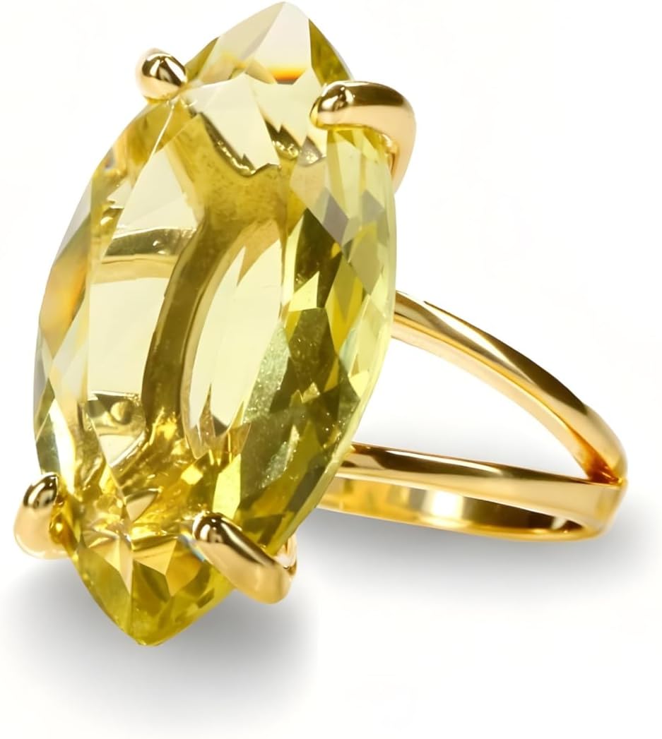 Gold Marquise Lemon Quartz Ring – Large Yellow Gemstone Jewelry – Faceted Semiprecious Quartz Gift – Handmade Gold Women Ring – Bold Cocktail Style Rings