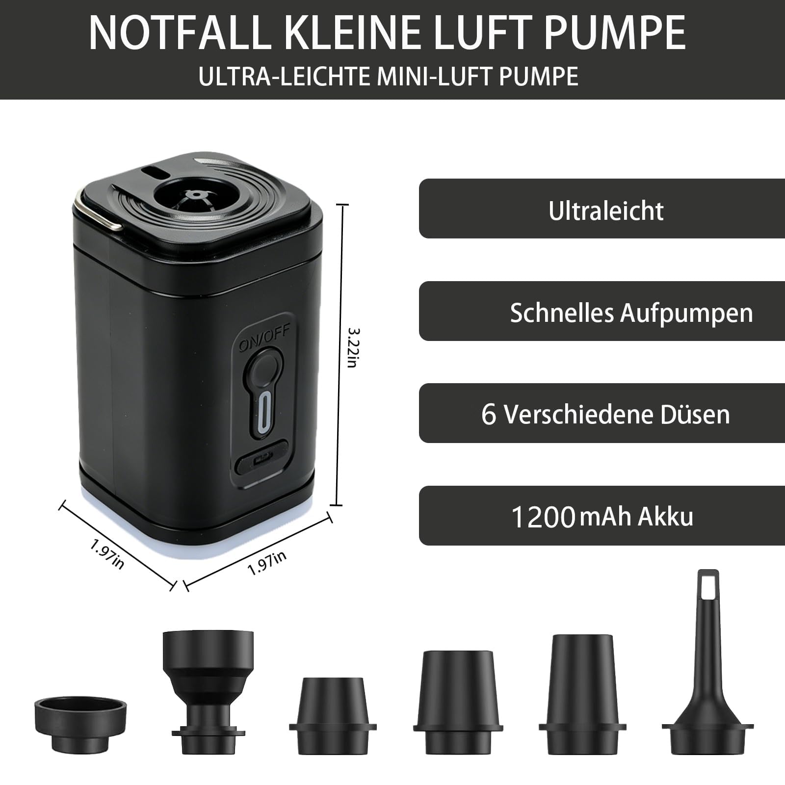 Elektrische Luftpumpe für Luftmatratze Klein Tragbare Elektrische Luftpumpe mit 6 Düsen 4000Pa 1200 mAh für Matratze Vakuumbeutel Paddeln Pool Schwimmer