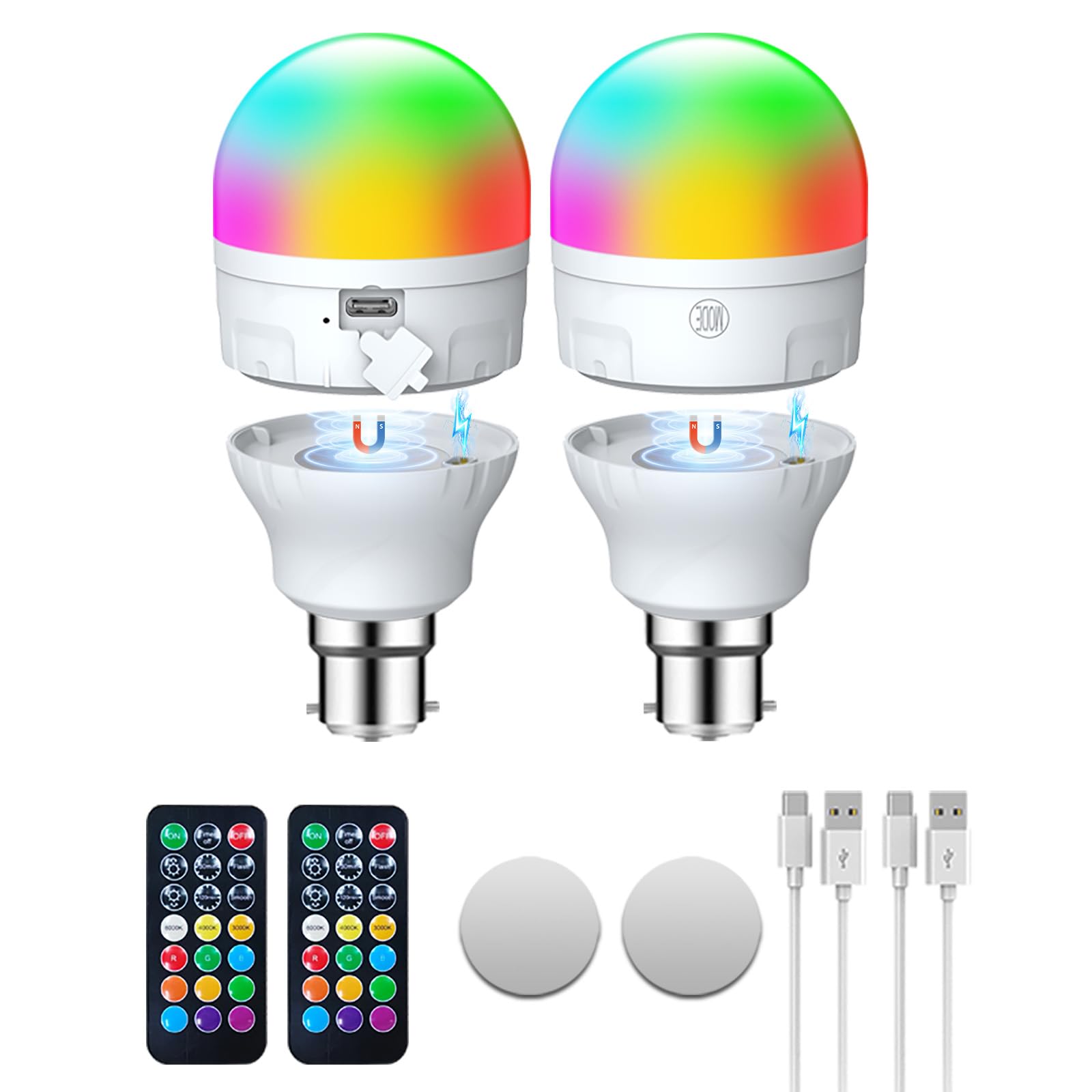 USB-C Rechargeable Light Bulb with Remote Control,AC100-240V B22 LED Bulbs 7W,RGBCCT Dimmable Touch Control Light Bulb with Timer and Battery,2000mAh Outdoor Emergency Light With Magnetic,2 Pack
