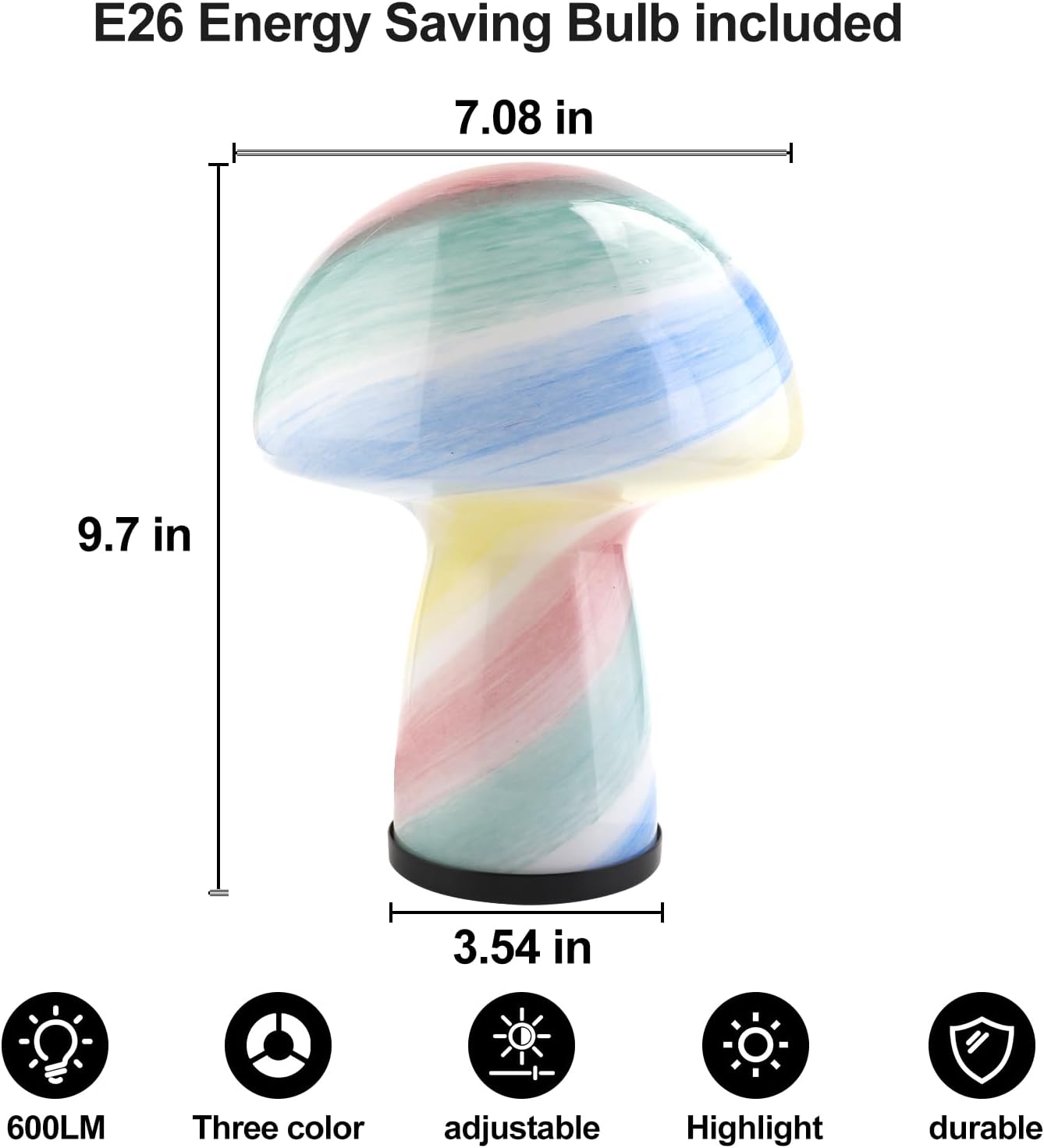 NOTOC Mushroom lamp,Dimmable Glass Table Lamp,Vintage Style Table Lamp,Rainbow Bedside Desk lamp,Cute Table Lamps.（LED Bulbs Included）
